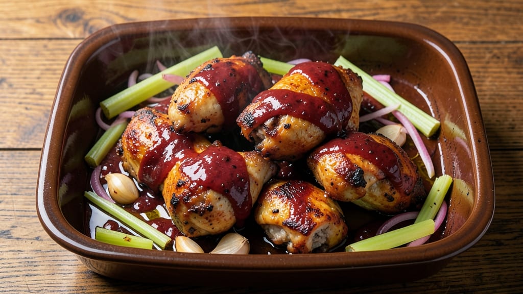 Baked BBQ Chicken Quarters Recipe: Celery-Studded Crust Meets Smoky Juicy Centers