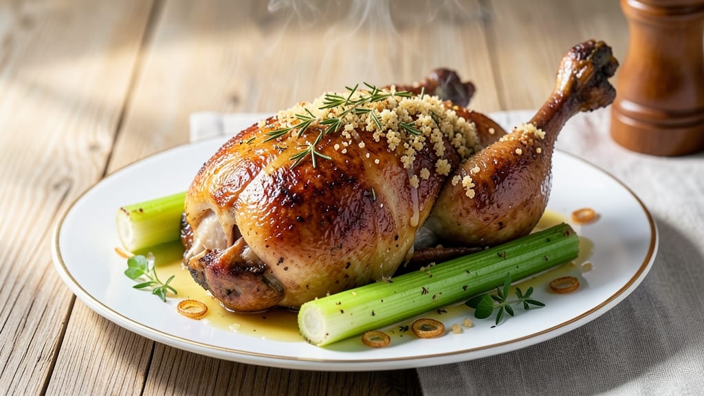 Baked Chicken and Celery Recipe: Celery-Stuffed Roast With Herby Crisp