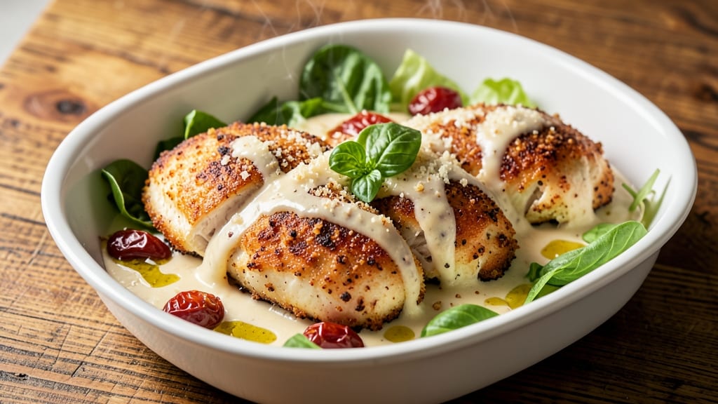 Baked Caesar Chicken With Creamy Parmesan Sauce Recipe: Crispy Breaded Crunch and Rich Sauce Harmony