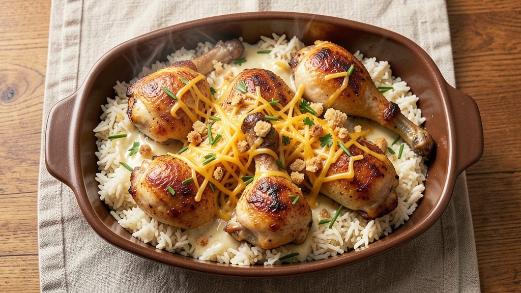 Baked Chicken Legs and Rice Casserole Recipe: Cheesy Crisp-Top Comfort in One Dish