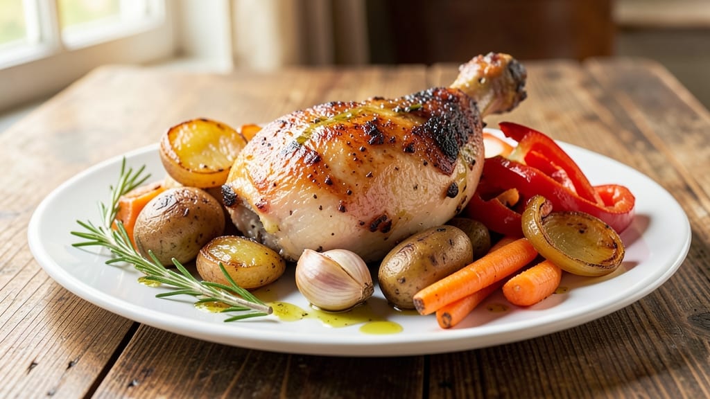 Baked Chicken Thighs With Roasted Veggies Recipe: Juicy Skin-On Thighs and Caramelized Veggie Medley